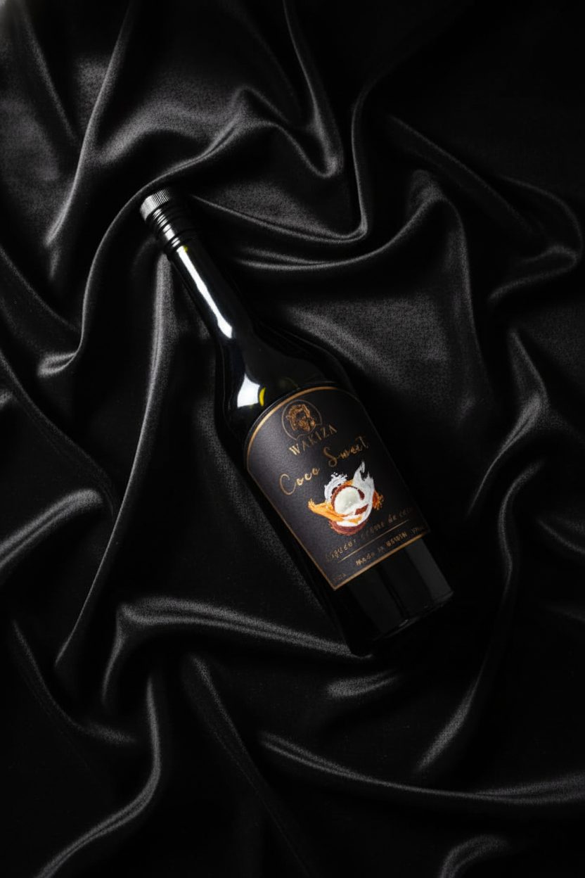 Bouteille WAKIZA Crème de Coco sur satin noir